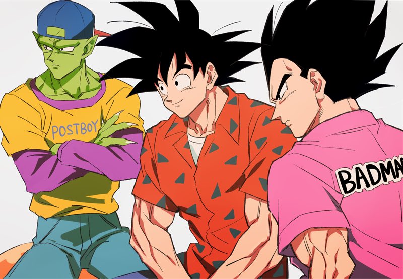 3boys alternate_costume arm_at_side arms_at_sides backwards_hat baseball_cap black_eyes black_hair clothes_writing commentary crossed_arms denim domo_mk02 dragon_ball dragonball_z english_text expressionless facing_away fingernails frown green_skin grey_background hat jeans long_hair long_sleeves looking_away male_focus multiple_boys orange_shirt pants piccolo pink_shirt pointy_ears profile serious sharp_fingernails shirt short_over_long_sleeves short_sleeves simple_background sitting smile son_gokuu spiky_hair symbol_commentary triangle triangle_print undershirt upper_body vegeta yellow_shirt