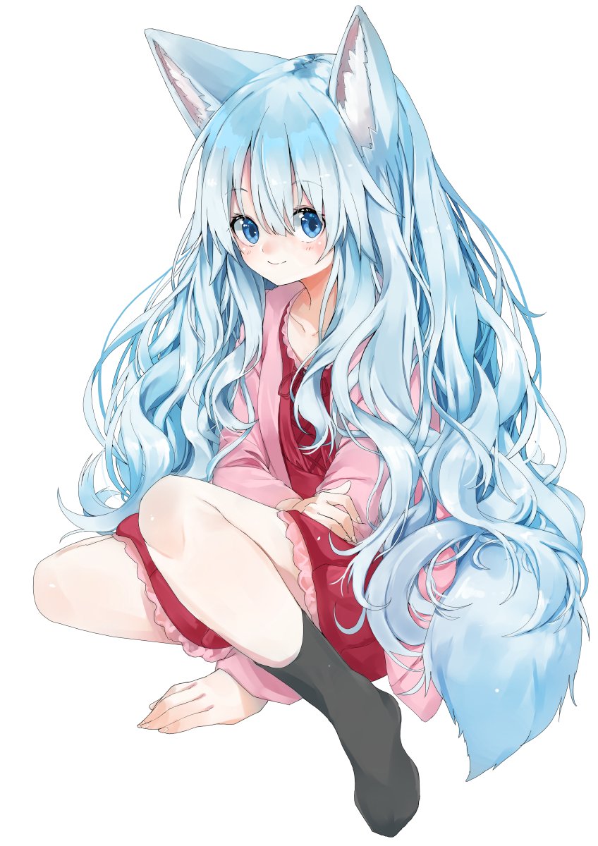 1girl animal_ear_fluff animal_ears black_legwear blue_eyes cardigan commentary_request dress fox_ears fox_girl fox_tail full_body highres light_blue_hair long_hair long_sleeves open_cardigan open_clothes original pink_cardigan red_dress simple_background smile socks tail waichi white_background