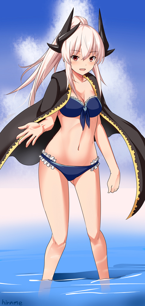 1girl :d artist_name bikini black_cape blue_bikini blush cape collarbone eyebrows_visible_through_hair fate/grand_order fate_(series) frilled_bikini frills front-tie_bikini front-tie_top gluteal_fold hair_between_eyes high_ponytail horns kiyohime_(fate/grand_order) long_hair navel open_mouth red_eyes shiseki_hirame silver_hair smile soaking_feet solo strapless strapless_bikini swimsuit