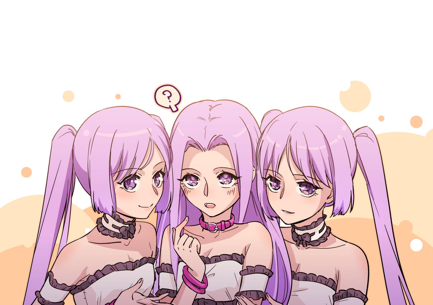3girls ? armband choker collarbone euryale fate/grand_order fate/stay_night fate_(series) lace lace_choker long_hair looking_at_viewer multiple_girls pink_collar pointing pointing_at_self ponytail purple_hair rider siblings sisters smile spoken_question_mark stheno twintails violet_eyes wonderfulwaterr