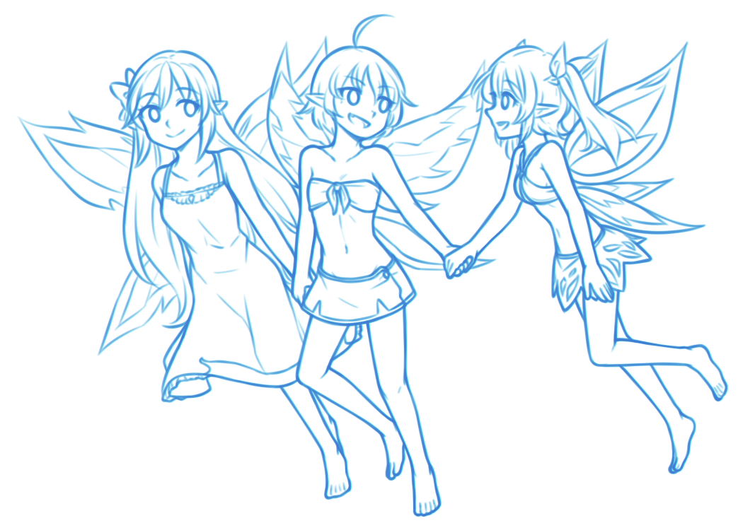 3girls :d ahoge bandeau bare_arms bare_legs bare_shoulders barefoot blue_theme collarbone dress eyebrows_visible_through_hair eyes_visible_through_hair fairy fairy_wings flat_chest hair_ribbon hand_holding lilli_(rabi-ribi) lineart long_hair looking_at_another monochrome multiple_girls navel open_mouth pixie_(rabi-ribi) pointy_ears rabi-ribi ribbon ribbon_(rabi-ribi) short_hair simple_background skirt sleeveless sleeveless_dress smile speckticuls stomach strapless twintails very_long_hair white_background wings