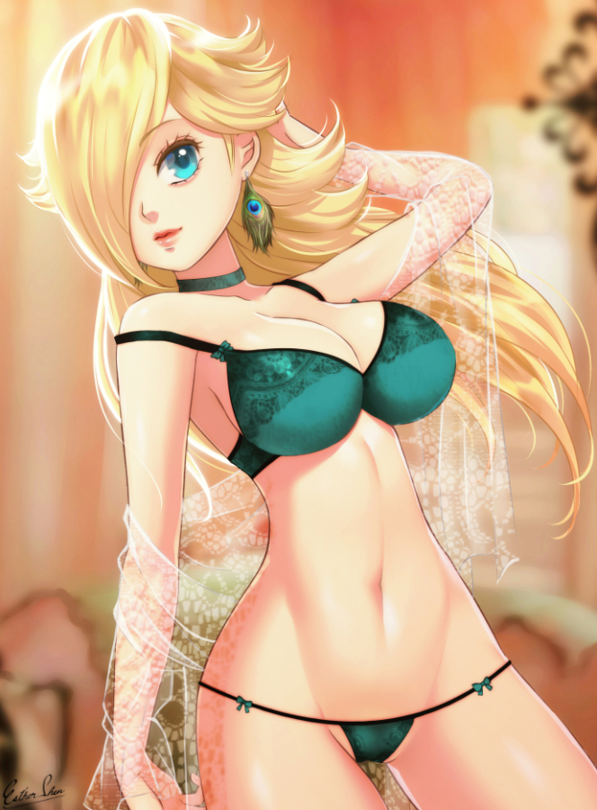 1girl blonde_hair blue_eyes blurry blurry_background bra breasts choker cleavage collarbone cowboy_shot earrings esther floating_hair green_bra green_panties hair_over_one_eye indoors jewelry long_hair looking_at_viewer super_mario_bros. medium_breasts navel nintendo panties print_bra print_panties rosalina sash shiny shiny_skin signature solo standing underwear underwear_only very_long_hair