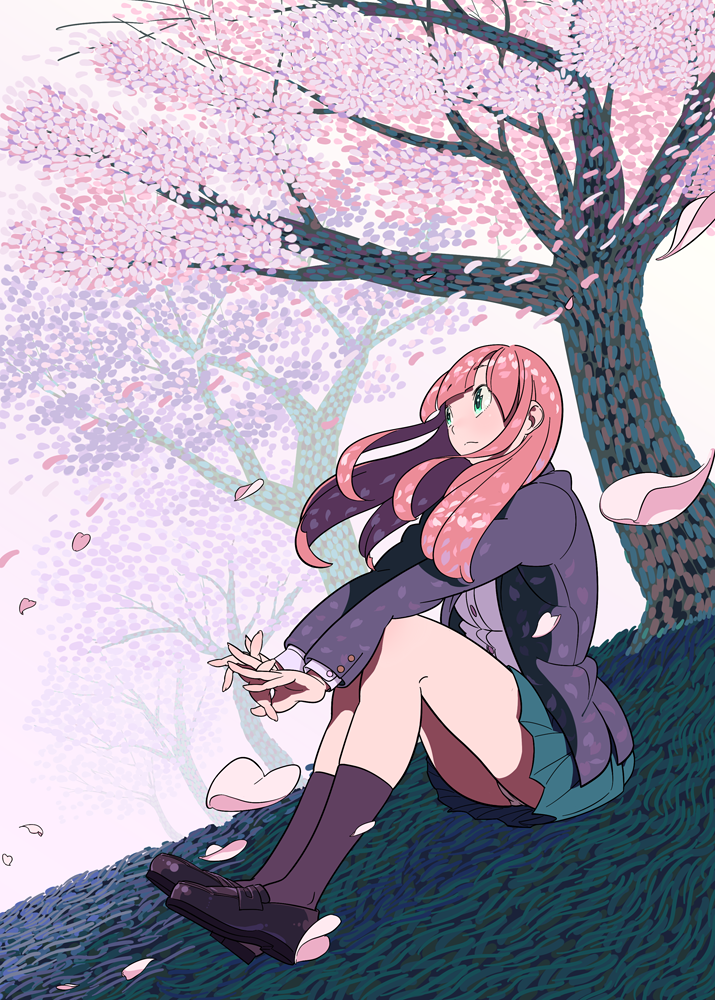 1girl aqua_eyes aqua_skirt bangs black_footwear black_legwear cherry_blossoms full_body jacket long_hair long_sleeves nobile1031 original petals pink_hair pleated_skirt purple_shirt shirt shoes sitting skirt socks solo spring_(season) tree