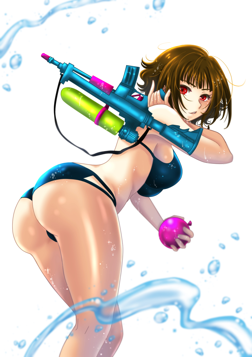 1girl bikini black_bikini breasts brown_hair chi_wa guildstars gun highres holding holding_gun holding_weapon leaning_forward looking_at_viewer looking_back medium_breasts parted_lips red_eyes shiny shiny_skin short_hair sideboob simple_background solo standing swimsuit water_gun weapon white_background