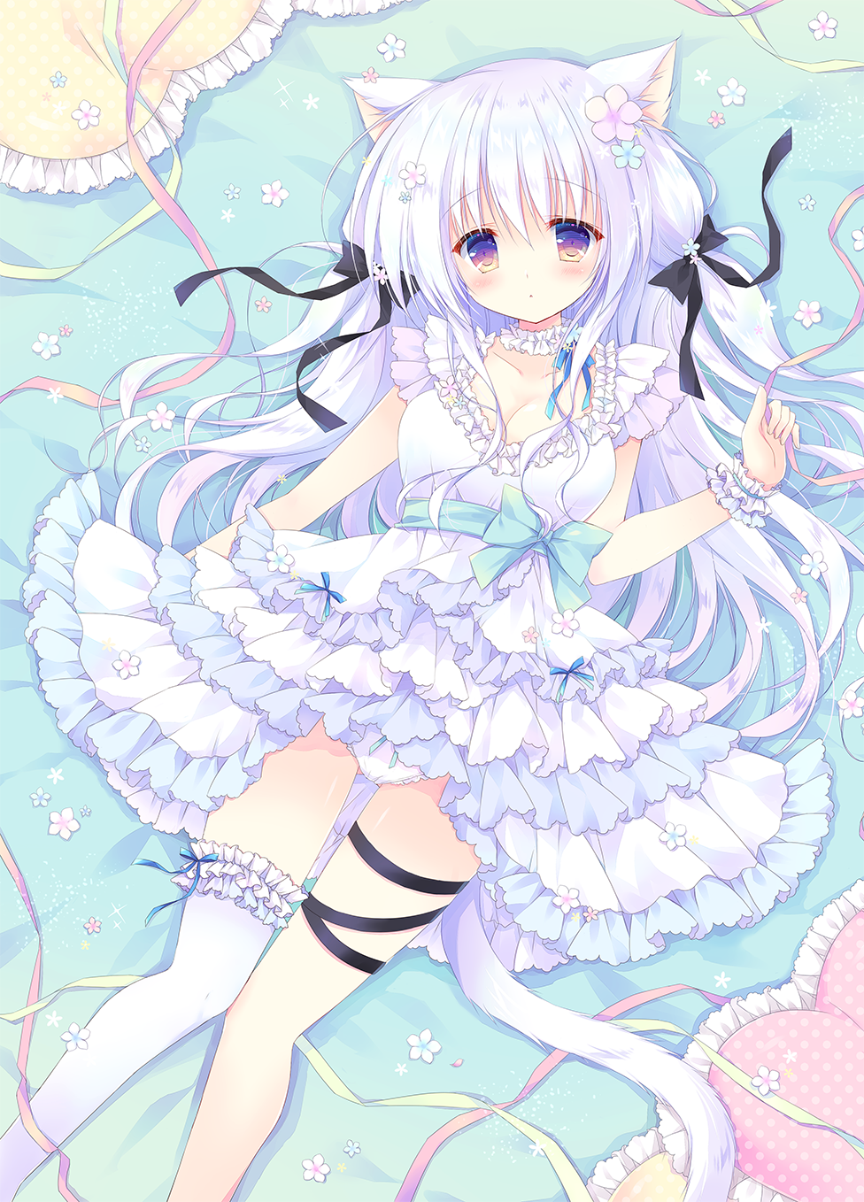 1girl animal_ear_fluff animal_ears asymmetrical_legwear bangs bed_sheet black_bow blue_flower blush bow cat_ears closed_mouth commentary_request dress eyebrows_visible_through_hair flower frilled_dress frilled_legwear frilled_pillow frills hair_between_eyes hair_bow hair_flower hair_ornament hand_up hasekura_chiaki highres holding holding_ribbon layered_dress long_hair looking_at_viewer lying on_back original panties pillow pink_ribbon pleated_dress polka_dot purple_flower ribbon silver_hair single_thighhigh solo thigh-highs underwear very_long_hair violet_eyes white_dress white_legwear white_panties wrist_cuffs