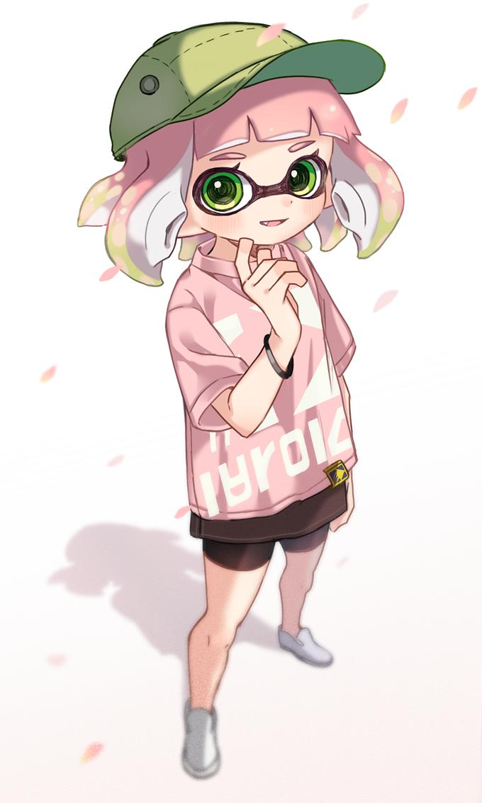 1girl baseball_cap bike_shorts bracelet brown_skirt cherry_blossoms domino_mask fang full_body gradient_hair green_eyes green_hair green_headwear hand_up hat inkling jewelry legs_apart looking_at_viewer maco_spl mask miniskirt multicolored_hair open_mouth petals pink_hair pink_shirt shadow shirt shoes short_hair short_sleeves shorts shorts_under_skirt skirt smile solo splatoon splatoon_(series) splatoon_2 standing suction_cups tentacle_hair two-tone_hair white_footwear