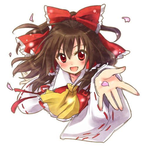 1girl :d ascot bangs bow brown_hair cherry_blossoms collarbone detached_sleeves hair_between_eyes hair_bow hair_tubes hakurei_reimu long_hair long_sleeves looking_at_viewer lowres moriya_ako open_mouth outstretched_arm petals red_bow red_eyes ribbon-trimmed_sleeves ribbon_trim simple_background smile solo touhou white_background wide_sleeves yellow_neckwear