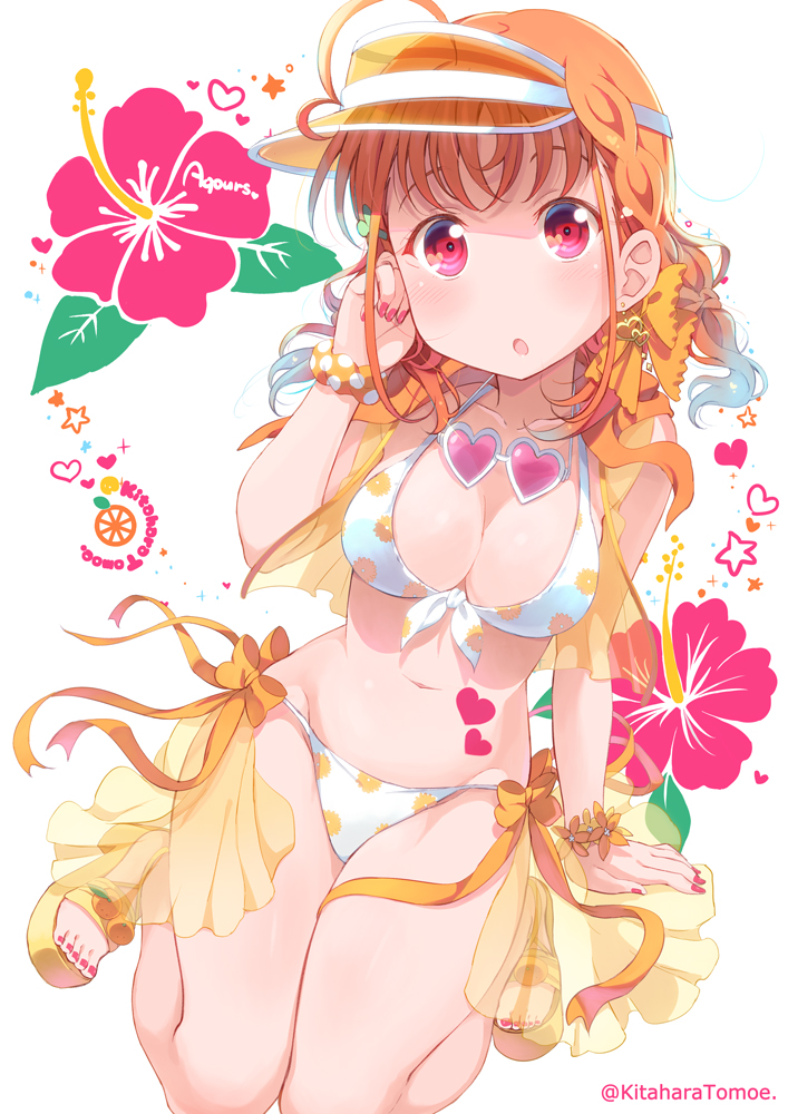 10s 1girl ahoge bikini braid breasts cleavage clover_hair_ornament commentary_request floral_background flower hair_ornament heart heart-shaped_eyewear hibiscus kitahara_tomoe_(kitahara_koubou) looking_at_viewer love_live! love_live!_sunshine!! medium_breasts nail_polish orange_hair polka_dot polka_dot_bikini red_eyes ribbon short_hair side-tie_bikini side_braid solo sunglasses swimsuit takami_chika toenail_polish visor_cap white_background white_bikini yellow_ribbon