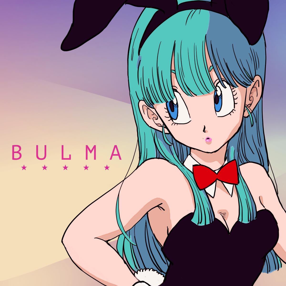 1girl animal_ears bare_arms bare_shoulders blue_eyes blue_hair bow bowtie breasts bulma bunny_tail bunnysuit character_name commentary_request dragon_ball dragon_ball_(classic) expressionless fake_animal_ears gradient gradient_background gradient_hair hair_between_eyes highres leotard long_hair looking_away medium_breasts multicolored_hair rabbit_ears red_bow red_neckwear solo star strapless strapless_leotard tail tkgsize upper_body