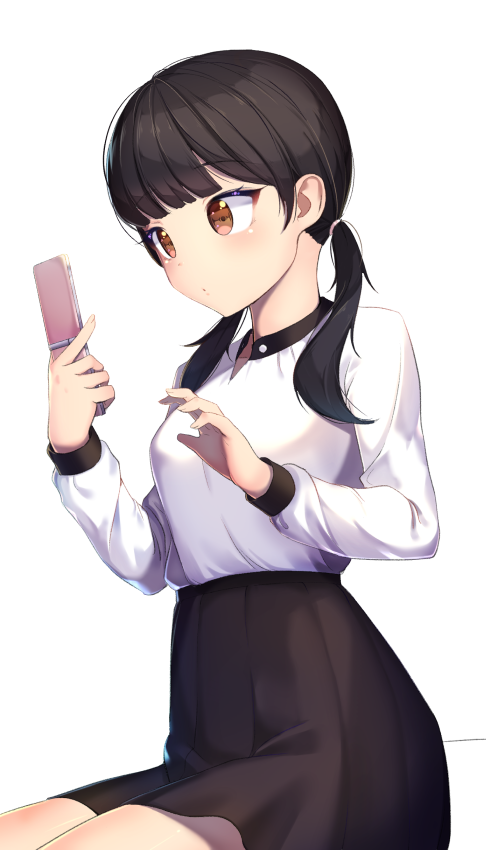 1girl black_hair black_skirt blush breasts brown_eyes cellphone commentary commission eyebrows_visible_through_hair holding holding_cellphone holding_phone long_hair long_sleeves original phone pleated_skirt raizen_(jung_0000) shirt simple_background sitting skirt small_breasts solo twintails white_background white_shirt