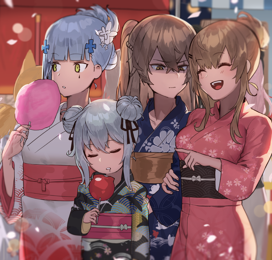 404_(girls_frontline) 5girls alternate_costume alternate_hairstyle blonde_hair breast_envy candy_apple commentary_request cotton_candy double_bun drooling food g11_(girls_frontline) girls_frontline hk416_(girls_frontline) hood_(james_x) idw_(girls_frontline) japanese_clothes kimono multiple_girls ponytail scar scar_across_eye shaded_face sleepy smile summer_festival tied_hair ump45_(girls_frontline) ump9_(girls_frontline)