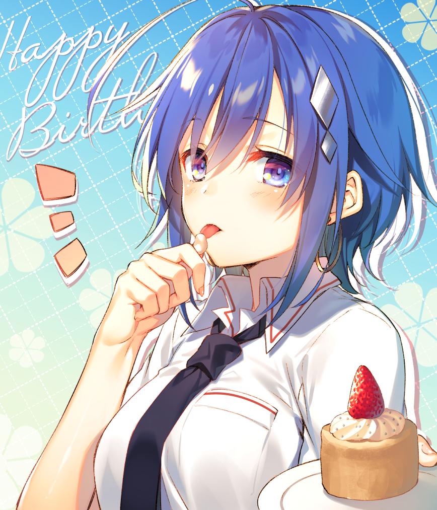 1girl ahoge black_neckwear blue_eyes blush breasts cake character_request commentary_request copyright_request earrings eyebrows_visible_through_hair finger_licking food fruit hair_ornament happy_birthday holding jewelry large_breasts licking looking_at_viewer medium_hair necktie plate shirt solo strawberry sweets tongue tongue_out toosaka_asagi white_shirt