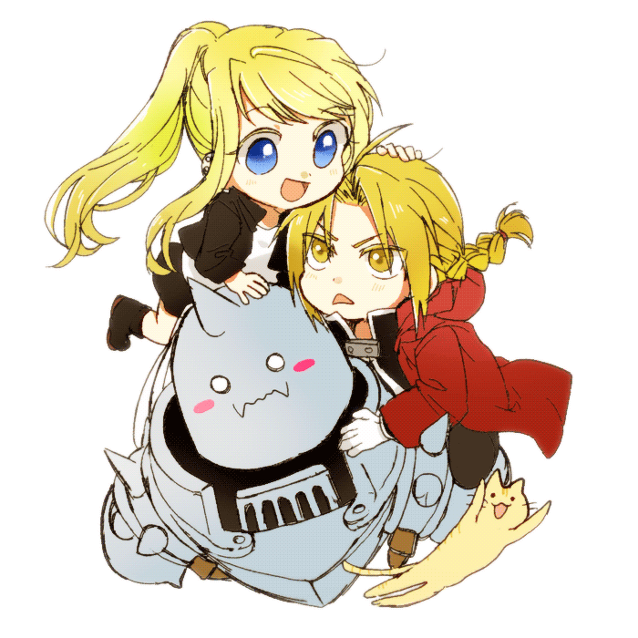 1girl 2boys :&lt; :3 :d alphonse_elric animal armor bangs black_jacket black_shirt blonde_hair blue_eyes blush blush_stickers boots braid brothers cat chibi coat commentary edward_elric eyebrows_visible_through_hair eyelashes floating_hair frown fullmetal_alchemist gloves helmet jacket looking_at_another multiple_boys open_mouth ponytail red_coat shirt siblings simple_background smile symbol_commentary tsukuda0310 v-shaped_eyebrows white_background white_gloves white_shirt winry_rockbell yellow_eyes