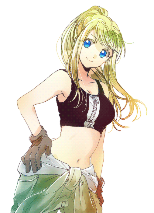 1girl arm_at_side bangs bare_arms bare_shoulders black_tank_top blonde_hair blue_eyes breasts brown_gloves clothes_around_waist commentary_request cowboy_shot dutch_angle eyebrows_visible_through_hair floating_hair fullmetal_alchemist gloves green_pants hand_on_hip looking_away medium_breasts midriff navel pants ponytail simple_background smile solo tank_top tsukuda0310 white_background winry_rockbell zipper