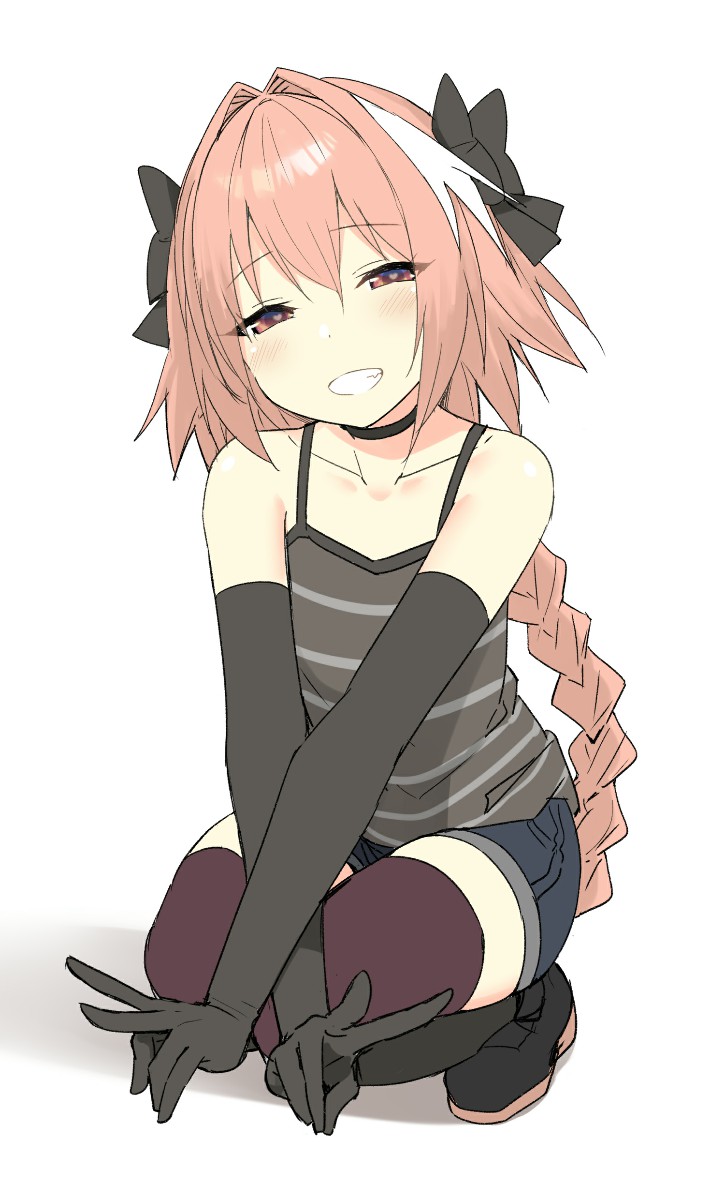 1boy :d astolfo_(fate) bow braid choker crossdressinging denim denim_shorts elbow_gloves fate/apocrypha fate_(series) gloves grin heart heart-shaped_pupils highres male_focus open_mouth pink_hair shiny shiny_skin shirt short_shorts shorts sky_(freedom) smile squatting striped striped_shirt symbol-shaped_pupils teeth thigh-highs trap v white_background