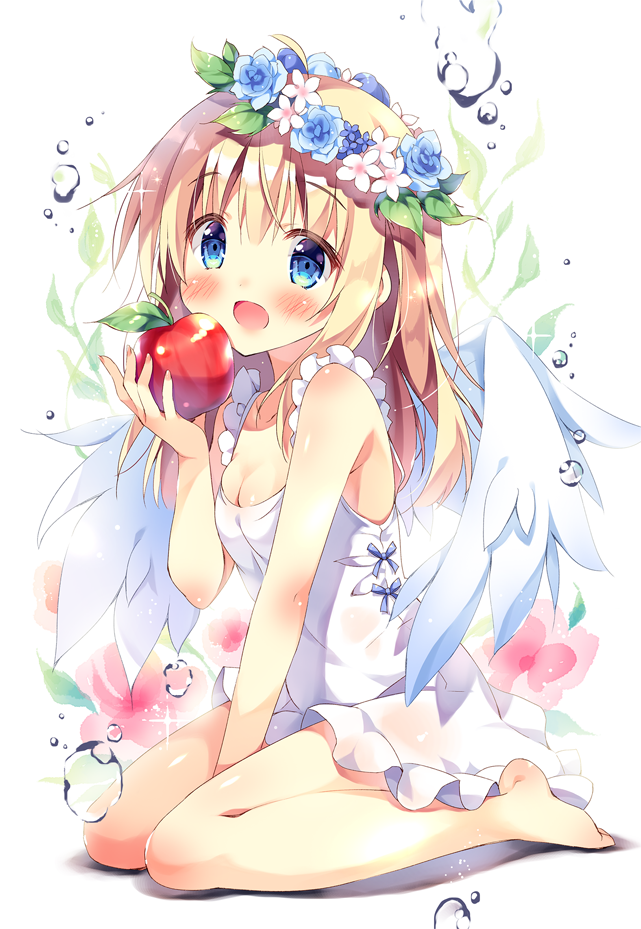 1girl :d ahoge angel angel_wings apple bangs bare_arms bare_shoulders blonde_hair blue_eyes blue_flower blue_rose blush breasts cleavage collarbone commentary_request dress eating eyebrows_visible_through_hair feathered_wings fingernails flower flower_wreath food frilled_dress frills fruit full_body hair_between_eyes hair_flower hair_ornament head_wreath holding holding_food leaf long_hair looking_at_viewer open_mouth original pan_(mimi) pink_flower red_apple rose simple_background sitting sleeveless sleeveless_dress small_breasts smile solo wariza water water_drop white_background white_dress white_flower white_wings wings