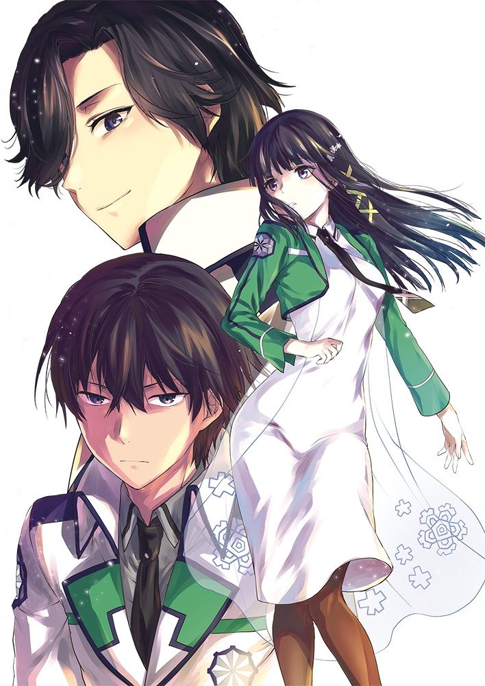 1girl 2boys bangs black_eyes black_hair black_neckwear character_request collared_dress collared_shirt dress floating_hair flower green_jacket green_ribbon grey_shirt hair_flower hair_ornament hair_over_one_eye hair_ribbon jacket long_hair long_sleeves looking_at_viewer mahouka_koukou_no_rettousei multiple_boys necktie open_clothes open_jacket ribbon shiba_miyuki shiba_tatsuya shirt simple_background smile snowflake_print white_background white_dress white_flower wing_collar yuzuki_n_dash