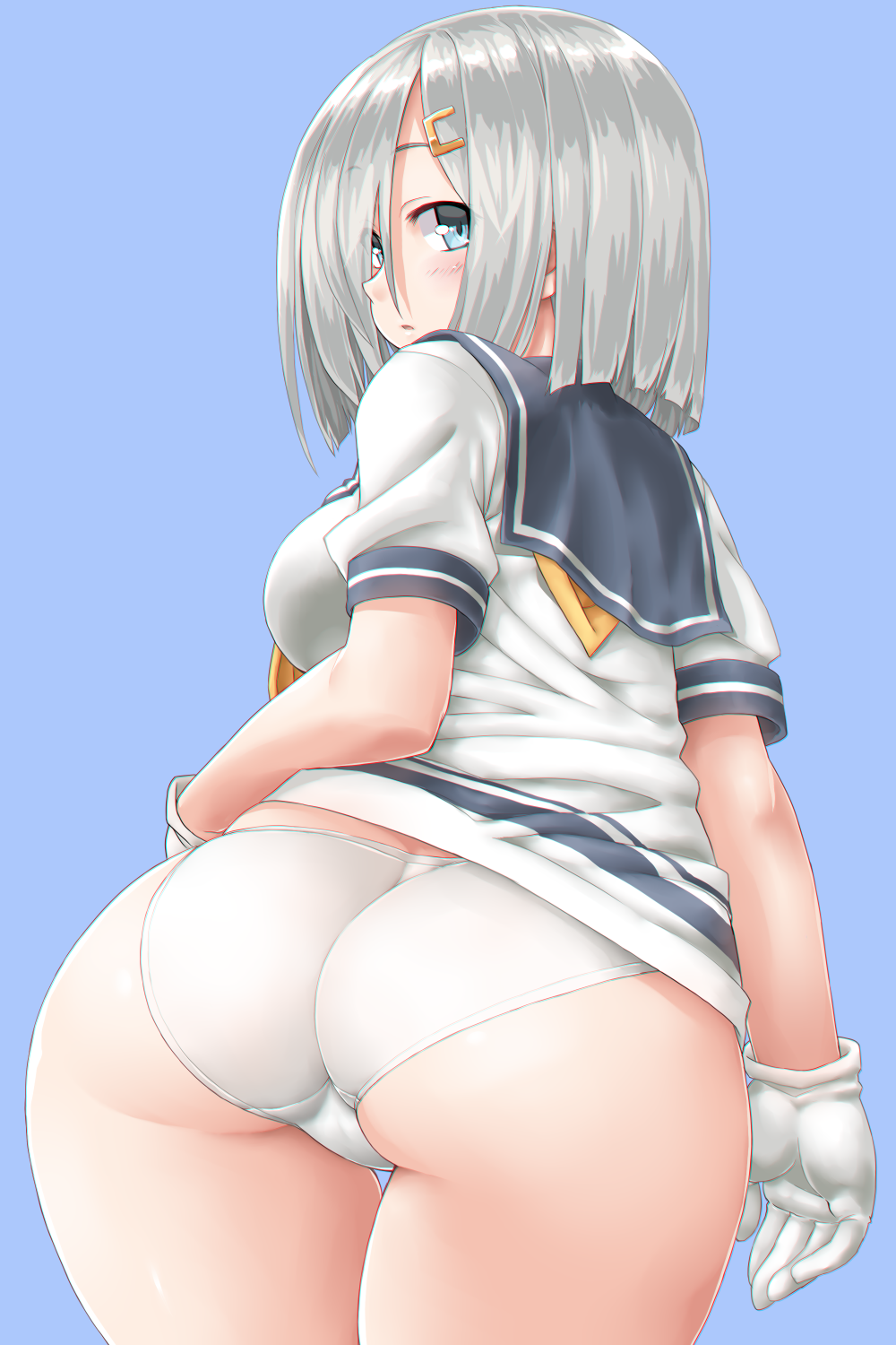 1girl ass blue_background blue_eyes breasts cowboy_shot dd_(ijigendd) from_behind gloves hair_ornament hair_over_one_eye hairclip hamakaze_(kantai_collection) highres kantai_collection leaning_forward looking_back medium_breasts no_pants panties sailor_collar sailor_shirt shirt short_hair silver_hair simple_background solo thigh_gap trefoil underwear white_gloves white_panties