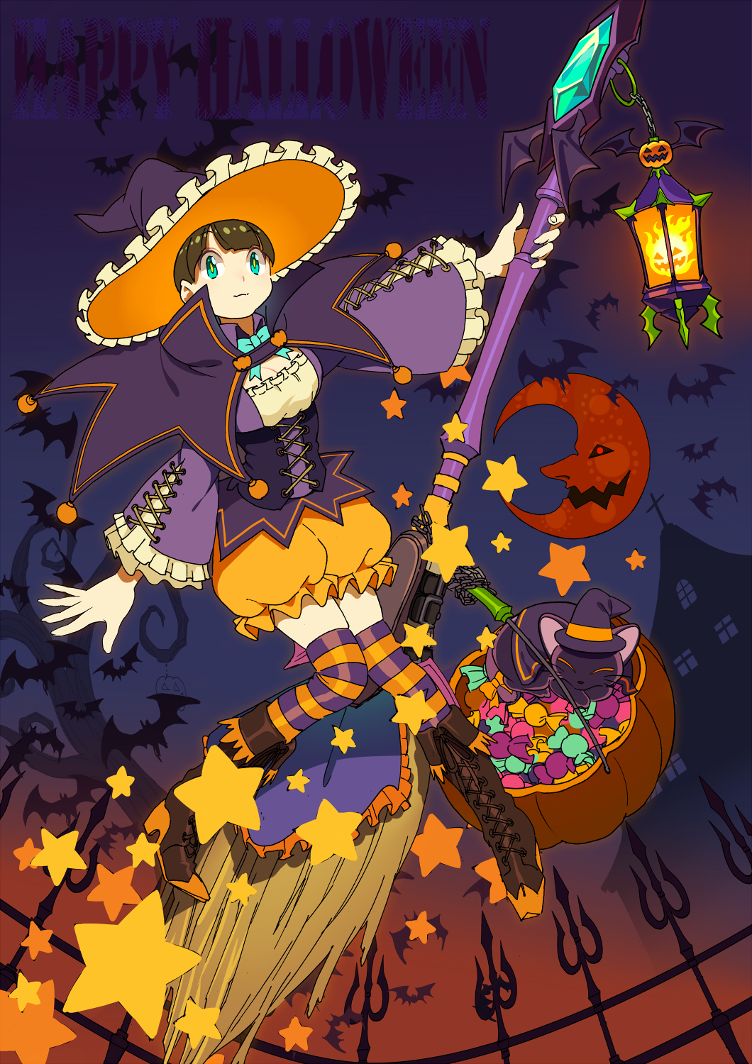 1girl bangs bat bat_wings black_cat black_footwear black_hair blunt_bangs boots breasts broom cat cleavage corset crescent_moon frilled_hat frilled_sleeves frills halloween hat highres holding jack-o'-lantern lantern long_sleeves looking_at_viewer moon nobile1031 orange_shorts original puffy_shorts shorts smile solo star striped striped_legwear thigh-highs wide_sleeves wings witch witch_hat