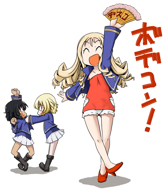 3girls :d andou_(girls_und_panzer) arguing arm_up arms_up bangs bc_freedom_military_uniform black_footwear black_hair blonde_hair blue_jacket boots clenched_hand clothes_grab dark_skin dress drill_hair fan folding_fan frown girls_und_panzer high_heels holding holding_fan jacket knee_boots long_hair long_sleeves marie_(girls_und_panzer) medium_hair messy_hair military military_uniform miniskirt multiple_girls open_mouth oshida_(girls_und_panzer) pleated_skirt red_dress red_footwear shadow sharp_teeth short_dress skirt smile standing standing_on_one_leg strapless strapless_dress takanaga_kouhei teeth translation_request uniform v-shaped_eyes white_background white_skirt