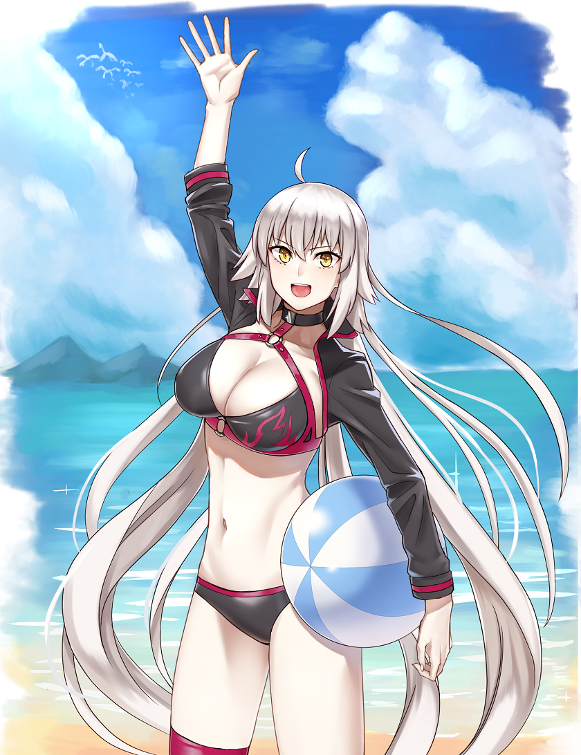 1girl :d ahoge ball beach beachball bikini black_bikini blue_sky blush breasts cleavage clouds collar erect_nipples fate/grand_order fate_(series) flame_print jacket jeanne_d'arc_(alter_swimsuit_berserker) jeanne_d'arc_(fate)_(all) large_breasts long_hair looking_at_viewer michihasu mountain navel open_mouth outdoors panties silver_hair sky smile solo standing swimsuit teeth underwear very_long_hair yellow_eyes