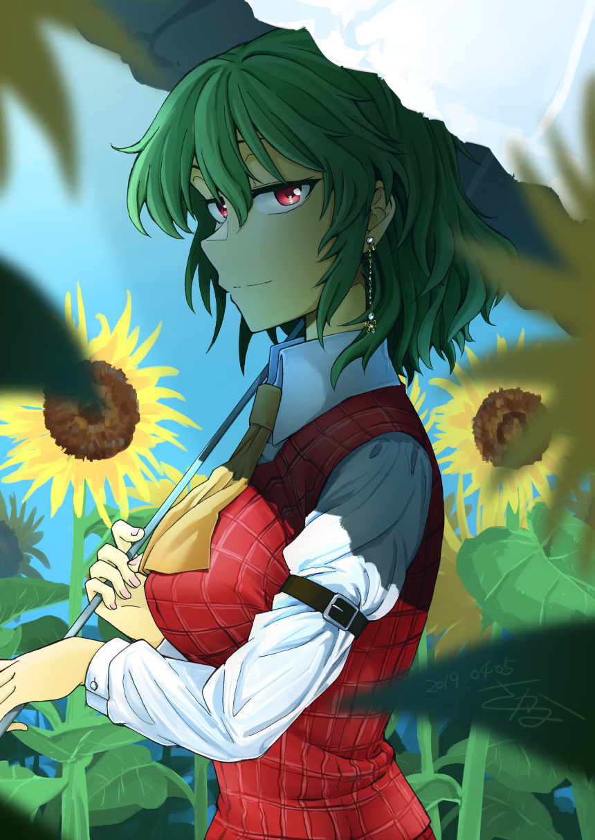 1girl armband blue_sky breasts cravat dated day earrings flower green_hair gyosai highres holding holding_umbrella jewelry kazami_yuuka large_breasts light_smile long_sleeves looking_at_viewer nail_polish outdoors pink_nails plaid plaid_vest red_eyes shirt short_hair sideways_glance signature sky solo standing sunflower touhou umbrella upper_body vest white_shirt wing_collar yellow_neckwear