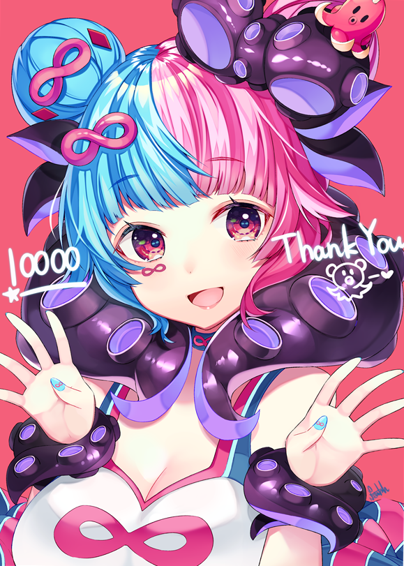 1girl :d aqua_nails bare_shoulders blue_hair breasts choker cleavage commentary_request double_bun facial_mark hair_ornament hands_up hits infinity large_breasts looking_at_viewer multicolored_hair nail_polish octopus_hair_ornament open_mouth original pink_eyes pink_hair ringozaka_mariko sleeveless smile solo star tentacle thank_you two-tone_hair upper_body