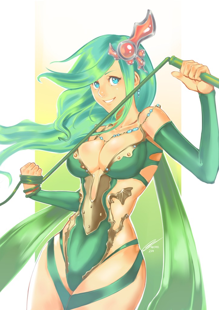 1girl blue_eyes blush breasts bridal_gauntlets cleavage detached_sleeves earrings final_fantasy final_fantasy_iv green_hair green_leotard hair_ornament jewelry large_breasts leotard long_hair medium_breasts older rydia smile solo whip