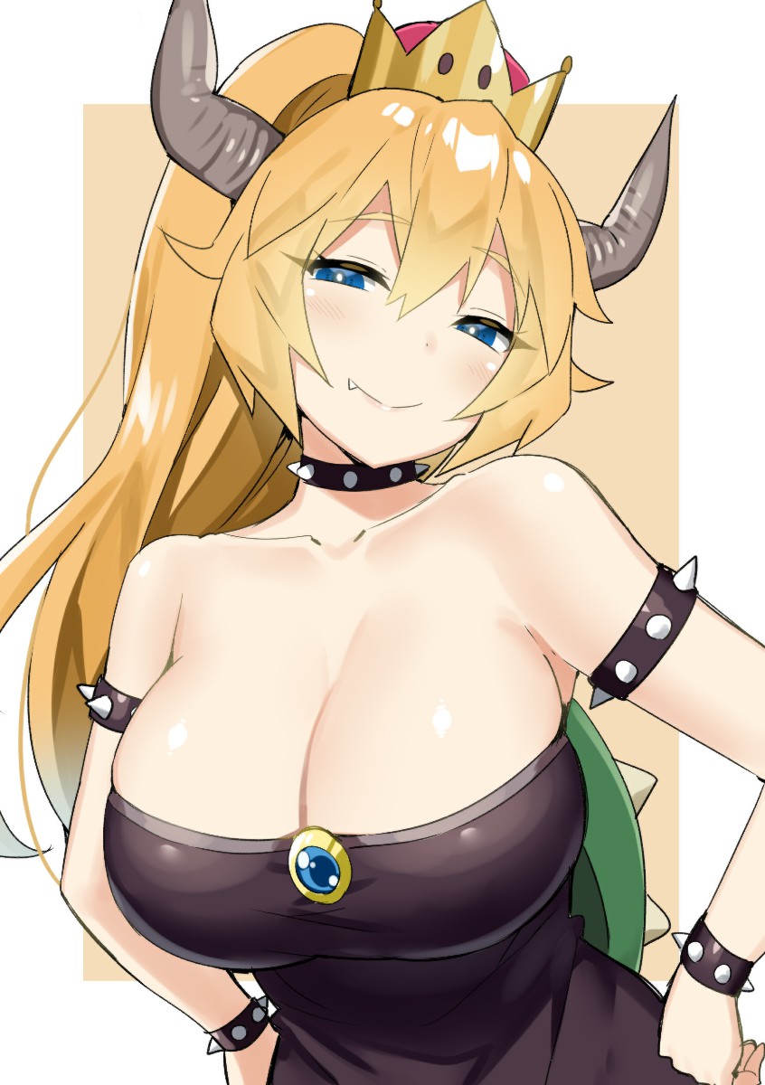 1girl bangs bare_shoulders black_collar black_dress blonde_hair bowsette bracelet breasts cleavage collar crown dress eyebrows_visible_through_hair eyes_visible_through_hair hair_between_eyes half-closed_eyes hands_on_hips highres horns huge_breasts jewelry looking_at_viewer super_mario_bros. new_super_mario_bros._u_deluxe nintendo ponytail sidelocks sky_(freedom) smile solo spiked_armlet spiked_bracelet spiked_collar spiked_shell spikes strapless strapless_dress super_crown turtle_shell upper_body