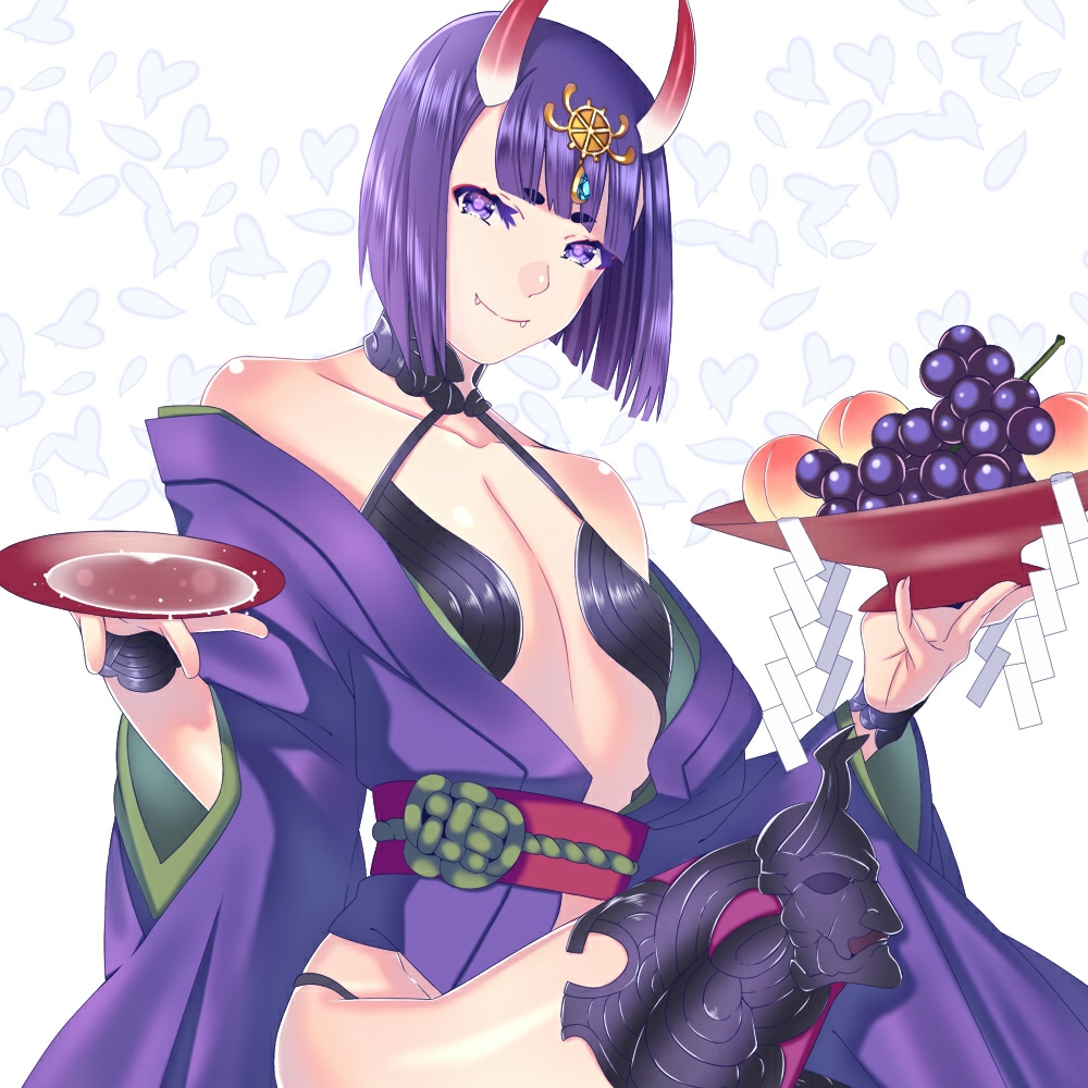 1girl akapug621 bangs blunt_bangs collarbone cup fangs fate/grand_order fate_(series) flat_chest food fruit grapes hair_ornament holding horns japanese_clothes kimono looking_at_viewer obi open_clothes open_kimono purple_hair purple_kimono sakazuki sash shiny shiny_hair shiny_skin short_hair shuten_douji_(fate/grand_order) sitting solo thigh-highs violet_eyes white_background