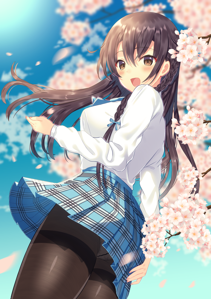 1girl :d bangs black_hair black_legwear blue_ribbon blue_skirt blurry blurry_background blush braid breasts brown_eyes cherry_blossoms commentary_request day depth_of_field eyebrows_visible_through_hair from_side hair_ribbon large_breasts long_hair long_sleeves looking_at_viewer looking_to_the_side miniskirt open_mouth original outdoors panties panties_under_pantyhose pantyhose plaid plaid_skirt pleated_skirt ribbon school_uniform shirt single_braid skirt smile solo thighband_pantyhose toujou_mina underwear upskirt white_panties white_shirt