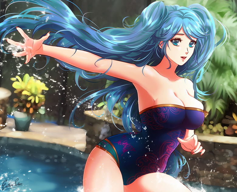 1girl arcade_sona blue_eyes blue_hair blue_swimsuit breasts casual_one-piece_swimsuit cleavage day esther floating_hair large_breasts league_of_legends long_hair looking_at_viewer nail_polish one-piece_swimsuit open_mouth outdoors outstretched_arm outstretched_hand pool red_lips red_nails sideboob signature solo sona_buvelle standing strapless strapless_swimsuit swimsuit twintails very_long_hair