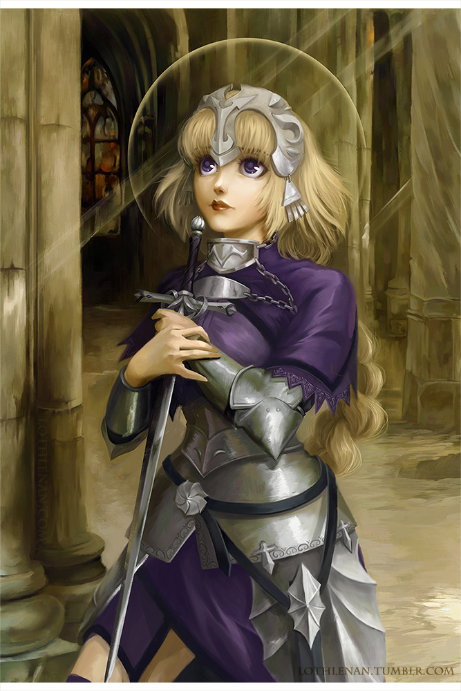 1girl andrea_tamme armor armored_dress bangs blonde_hair braid closed_mouth commentary cowboy_shot english_commentary fate/apocrypha fate_(series) faulds fine_art_parody halo headpiece holding holding_sword holding_weapon jeanne_d'arc_(fate) jeanne_d'arc_(fate)_(all) long_hair looking_up parody plackart single_braid solo standing sword vambraces violet_eyes watermark weapon web_address
