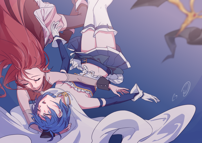 2girls bare_shoulders black_legwear blue_background blue_hair blue_skirt capelet closed_eyes frills gloves long_hair mahou_shoujo_madoka_magica miki_sayaka multiple_girls redhead sakura_kyouko short_hair skirt thigh-highs underwear white_capelet white_gloves white_legwear wonderfulwaterr