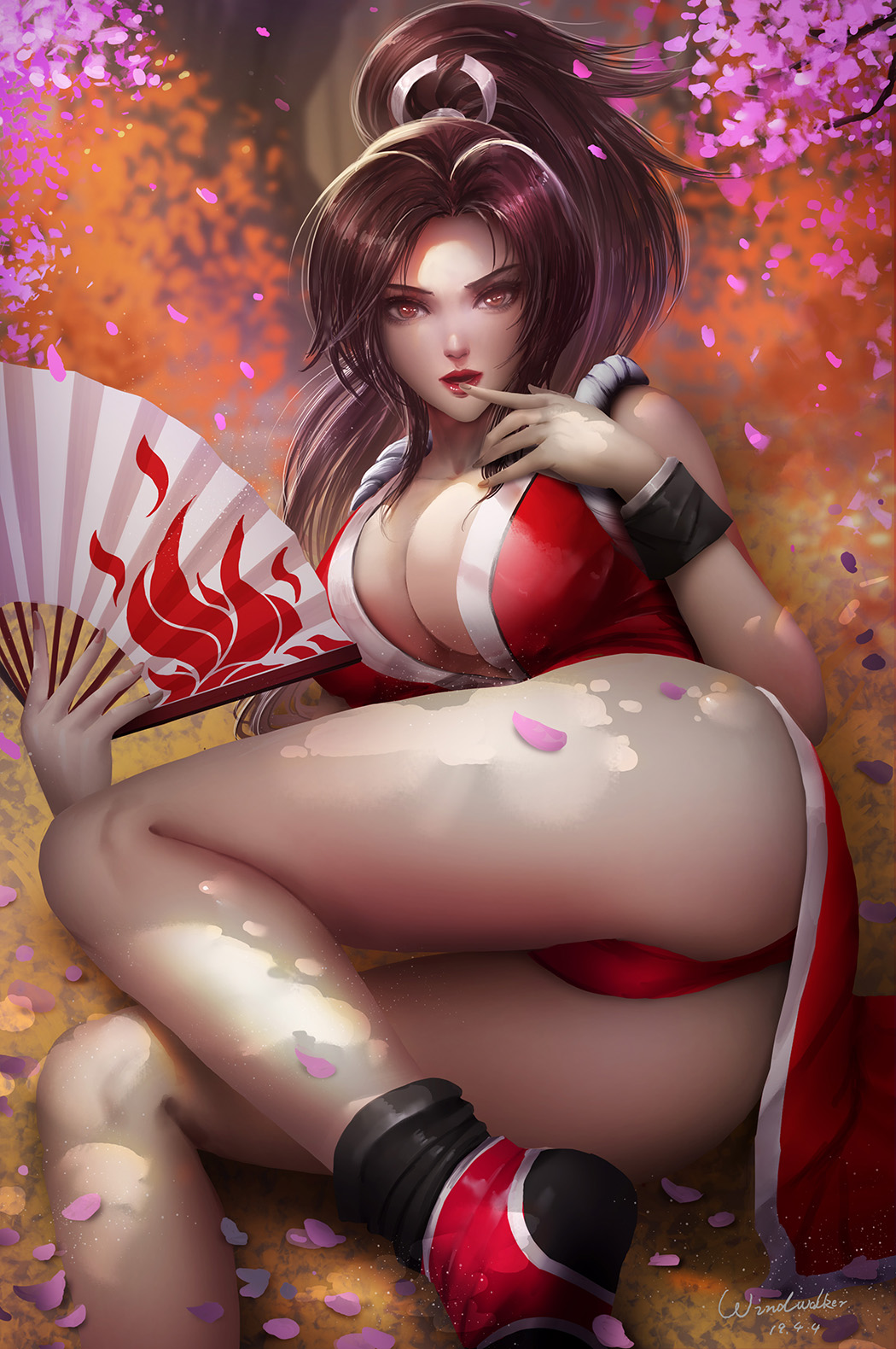 bare_shoulders breasts brown_eyes brown_hair cleavage falling_petals fan fatal_fury finger_to_mouth folding_fan high_ponytail highres holding holding_fan japanese_clothes kaze_no_gyouja large_breasts looking_at_viewer lying ninja on_side petals ponytail red_lips revealing_clothes rope shiranui_mai the_king_of_fighters thong