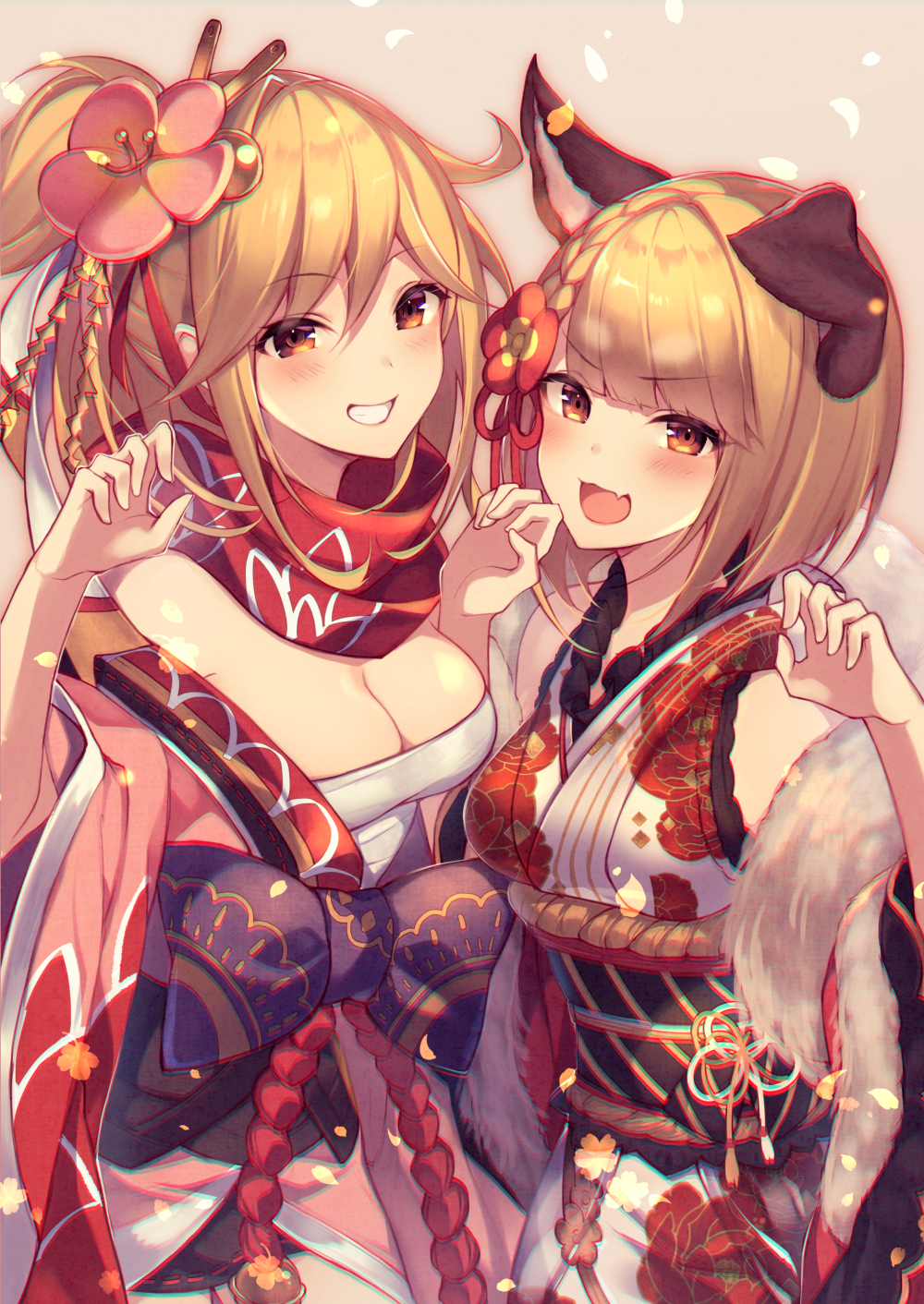 2girls :d animal_ears bare_shoulders bell black_bow blonde_hair bow braid breasts chromatic_aberration cleavage clenched_teeth commentary_request cowboy_shot djeeta_(granblue_fantasy) dog_ears dog_girl fang flower fur_trim granblue_fantasy grin hair_flower hair_ornament hand_up hands_up highres homaderi japanese_clothes jewelry jingle_bell kanzashi kimono large_breasts long_hair looking_at_viewer medium_breasts multiple_girls obi off_shoulder open_mouth orange_eyes ponytail print_kimono red_flower red_scarf rope sash scarf shimenawa short_hair side-by-side smile standing teeth v-shaped_eyebrows vajra_(granblue_fantasy) white_kimono wide_sleeves