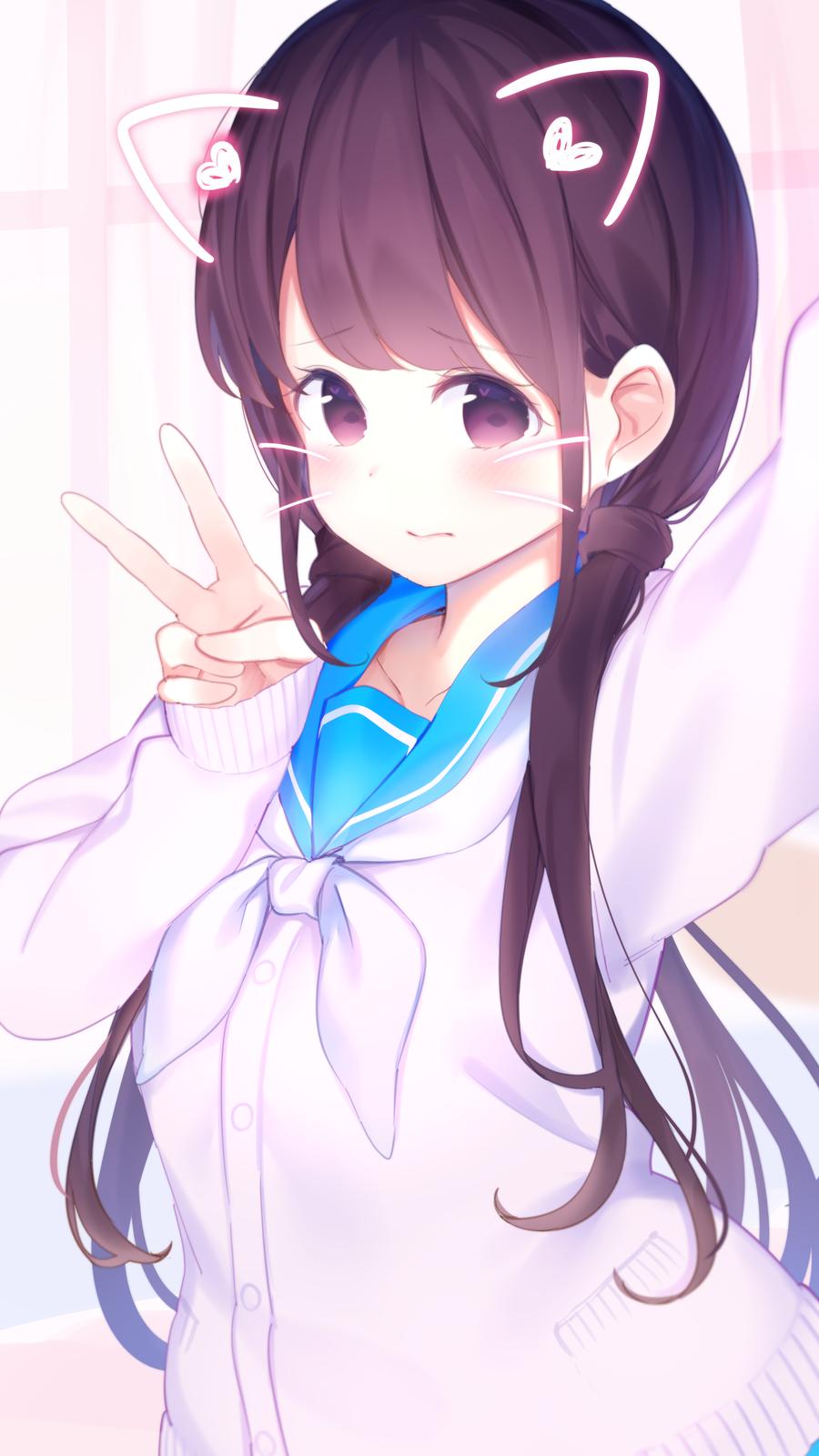 1girl animal_ears arm_up bangs blue_sailor_collar blush brown_eyes brown_hair cardigan chikuwa. closed_mouth collarbone commentary eyebrows_visible_through_hair face_filter heart heart_in_eye highres long_hair long_sleeves looking_at_viewer neckerchief original reaching_out sailor_collar school_uniform self_shot serafuku sidelocks sleeves_past_wrists solo symbol_commentary symbol_in_eye upper_body v very_long_hair whiskers white_cardigan white_neckwear