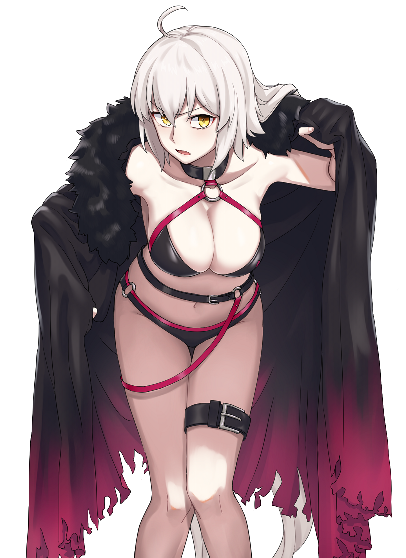1girl ahoge bikini black_bikini black_cape black_choker breasts cape choker cleavage collarbone eyebrows_visible_through_hair fate/grand_order fate_(series) fur_collar hair_between_eyes jeanne_d'arc_(alter_swimsuit_berserker) jeanne_d'arc_(fate)_(all) large_breasts long_hair michihasu o-ring o-ring_bikini o-ring_bottom o-ring_top open_mouth silver_hair simple_background solo swimsuit thigh_strap white_background yellow_eyes