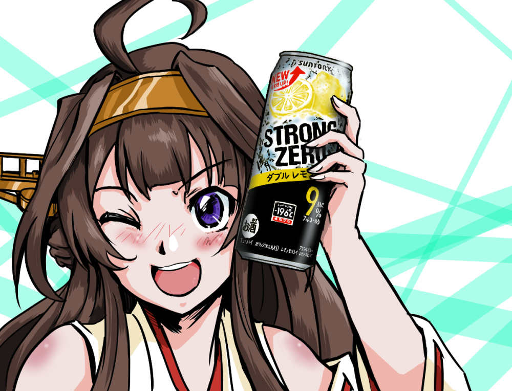 1girl ahoge bare_shoulders brown_hair can_to_cheek detached_sleeves double_bun hairband headgear kantai_collection kongou_(kantai_collection) long_hair looking_at_viewer one_eye_closed open_mouth round_teeth smile solo strong_zero taka_two teeth upper_body upper_teeth violet_eyes