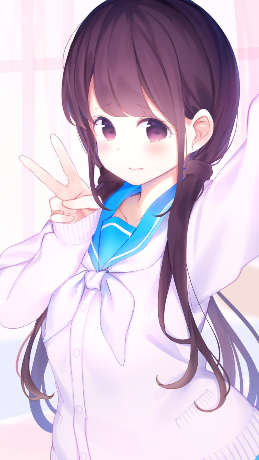 1girl arm_up bangs blue_sailor_collar blush brown_eyes brown_hair cardigan chikuwa. closed_mouth collarbone commentary_request eyebrows_visible_through_hair heart heart_in_eye highres long_hair long_sleeves looking_at_viewer neckerchief original reaching_out sailor_collar school_uniform self_shot serafuku sidelocks sleeves_past_wrists solo symbol_in_eye upper_body v very_long_hair white_cardigan white_neckwear