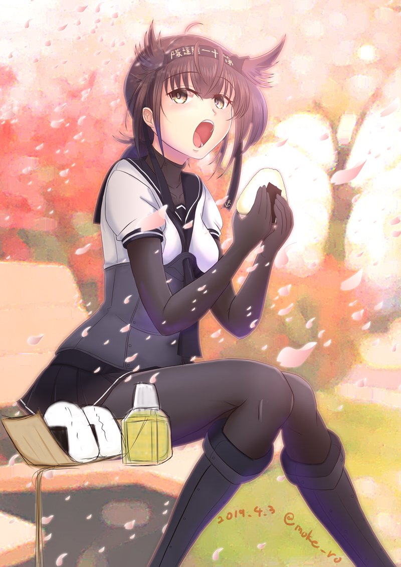 1girl anchor_symbol bench black_bodysuit black_gloves black_hair black_skirt bodysuit cherry_blossoms clothes_writing commentary_request dated day eating food gloves hachimaki hair_flaps hairband hatsuzuki_(kantai_collection) headband kantai_collection miniskirt mokerou neckerchief onigiri open_mouth outdoors petals pleated_skirt sailor_collar school_uniform serafuku short_hair sitting skirt solo twitter_username yellow_eyes