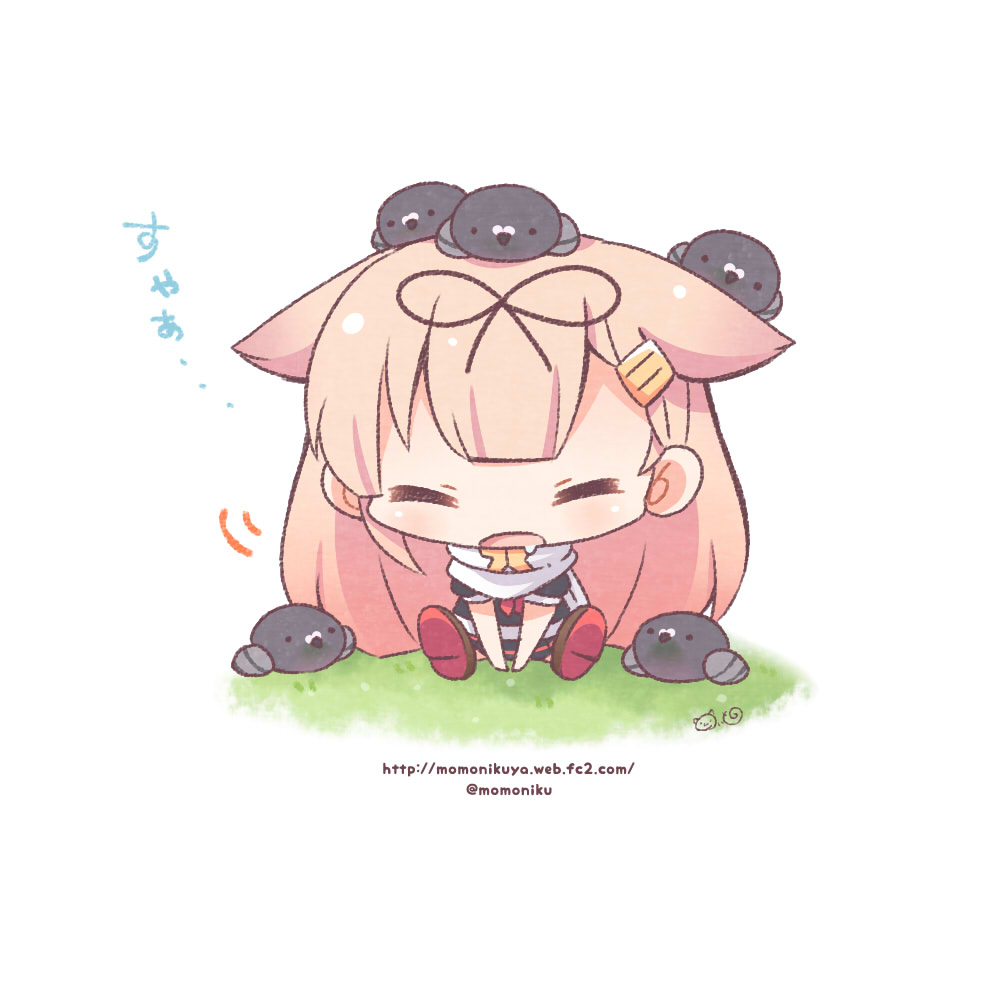 1girl animal animal_on_head bangs bird bird_on_head bird_request black_ribbon black_shirt black_skirt chibi closed_eyes commentary_request drooling facing_viewer grass hair_flaps hair_ornament hair_ribbon hairclip kantai_collection light_brown_hair long_hair momoniku_(taretare-13) neckerchief on_grass on_head open_mouth pleated_skirt puffy_short_sleeves puffy_sleeves red_neckwear remodel_(kantai_collection) ribbon saliva scarf shirt shoe_soles short_sleeves signature sitting skirt solo translated twitter_username very_long_hair watermark web_address white_background white_scarf yuudachi_(kantai_collection)