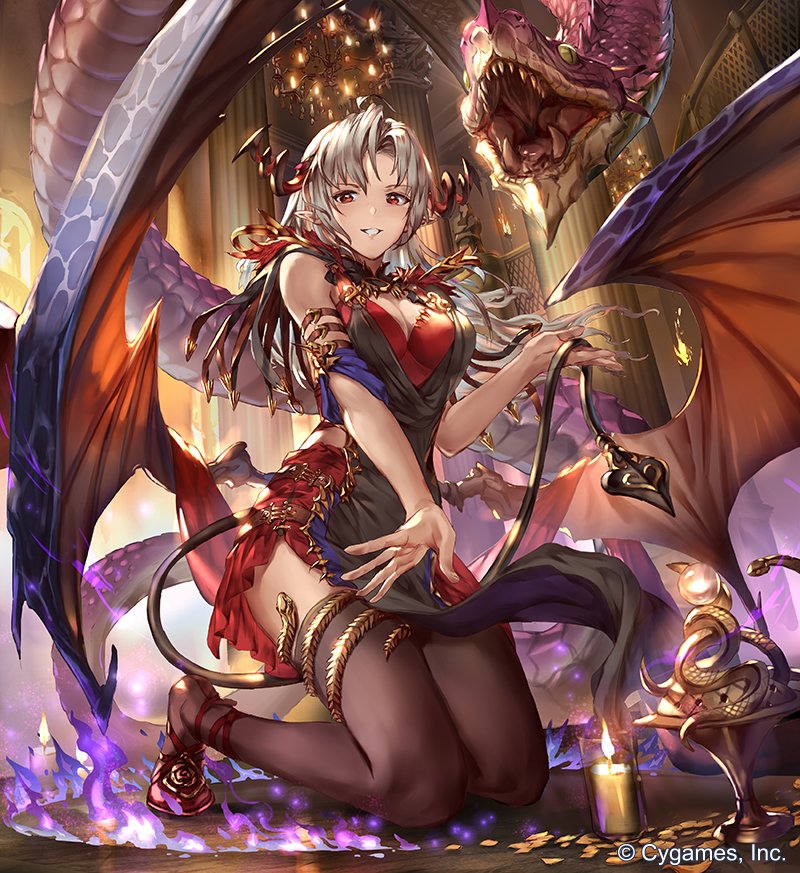 1girl 77gl armlet aura bangs blush breasts candlestand capelet chandelier cleavage demon_girl demon_horns demon_tail demon_wings dress fire floating_hair gold_trim grey_hair grin head_wings holding_tail horns indoors large_breasts long_hair looking_at_viewer official_art pelvic_curtain pointy_ears red_dress red_eyes shadowverse shoes sidelocks smile succubus tail thigh-highs watermark wind wings wyrm