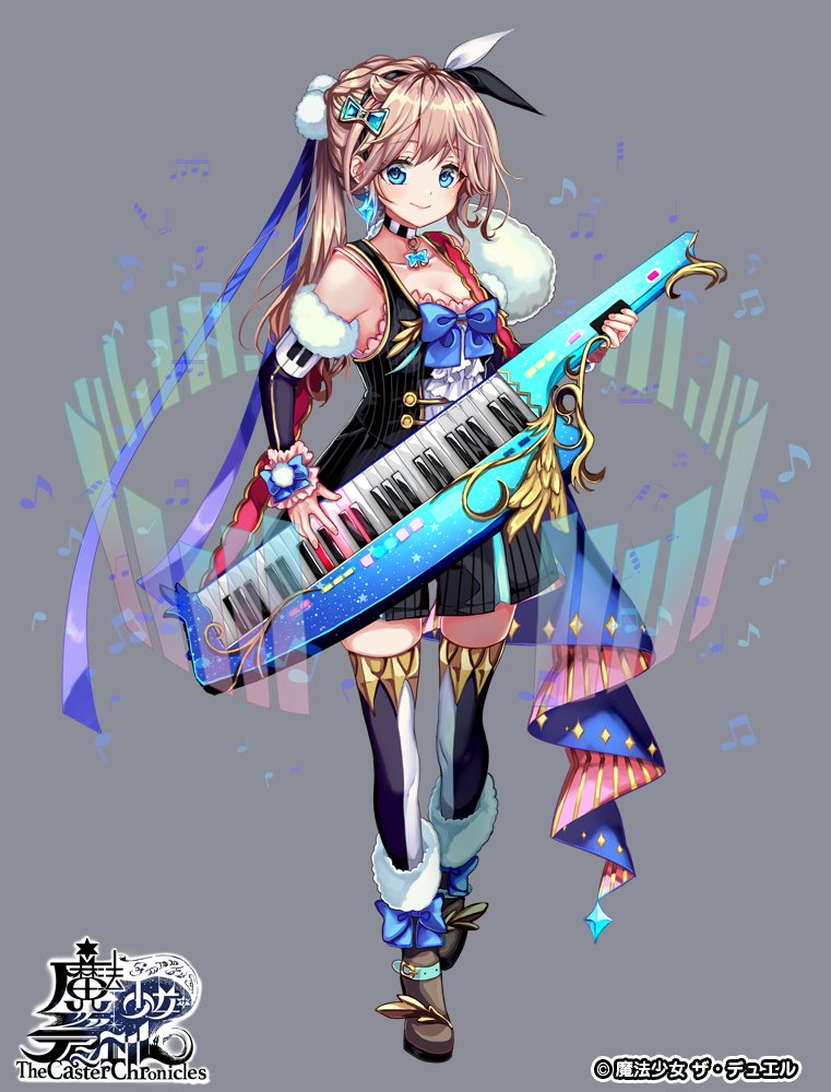 1girl breasts dress grey_background holding holding_instrument instrument long_hair looking_at_viewer official_art pisuke simple_background the_caster_chronicles