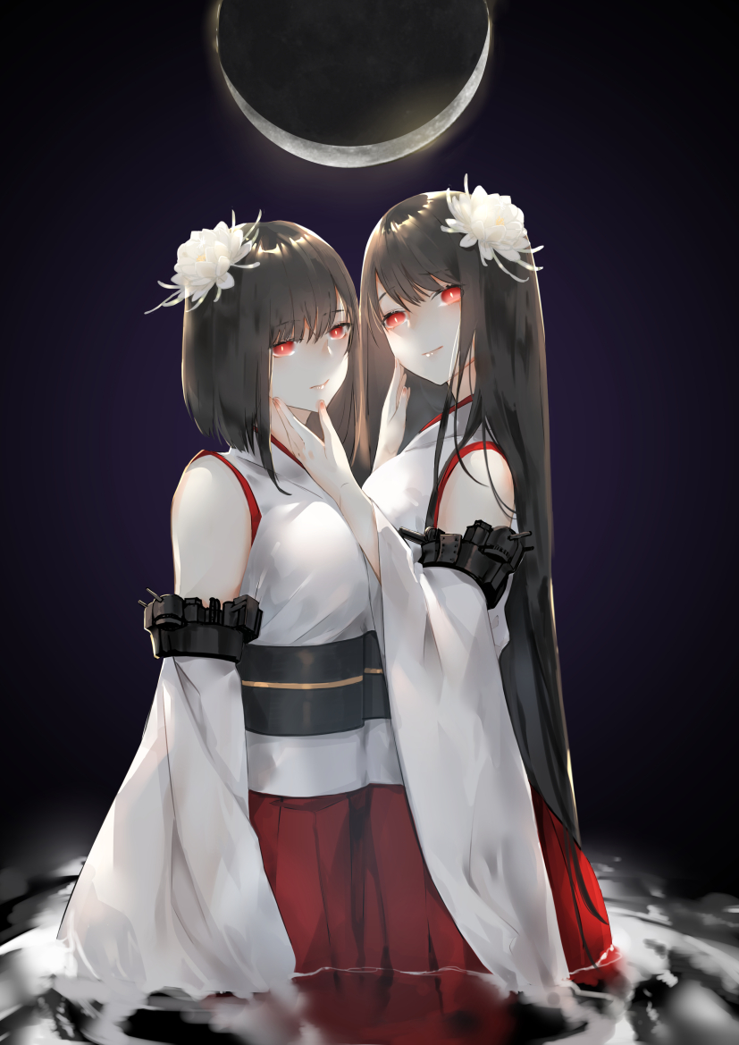 2girls black_hair breasts closed_mouth commentary_request detached_sleeves evil_eyes eyebrows_visible_through_hair flower fusou_(kantai_collection) hair_flaps hair_flower hair_ornament hair_over_shoulder japanese_clothes kantai_collection large_breasts long_hair looking_at_viewer moon multiple_girls nello_(luminous_darkness) partial_commentary red_eyes remodel_(kantai_collection) short_hair smile turret water yamashiro_(kantai_collection)