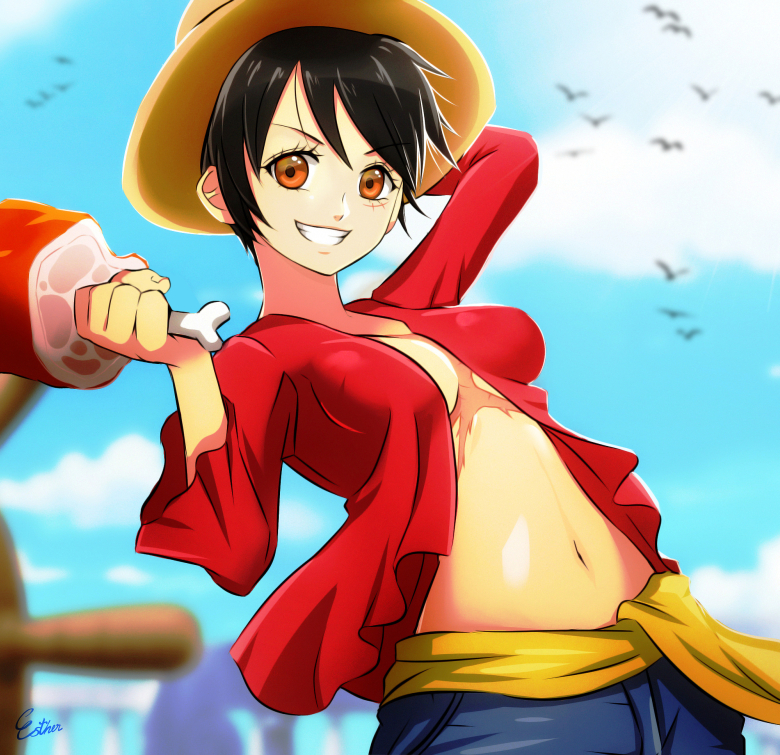 1girl arm_up bird black_hair blue_pants blue_sky blurry blurry_background breasts cleavage clouds day esther food genderswap genderswap_(mtf) grin hat holding holding_food long_sleeves looking_at_viewer medium_breasts midriff monkey_d_luffy navel one_piece open_clothes open_shirt orange_eyes outdoors pants red_shirt scarf shirt short_hair signature sky smile solo stomach straw_hat sun_hat yellow_headwear