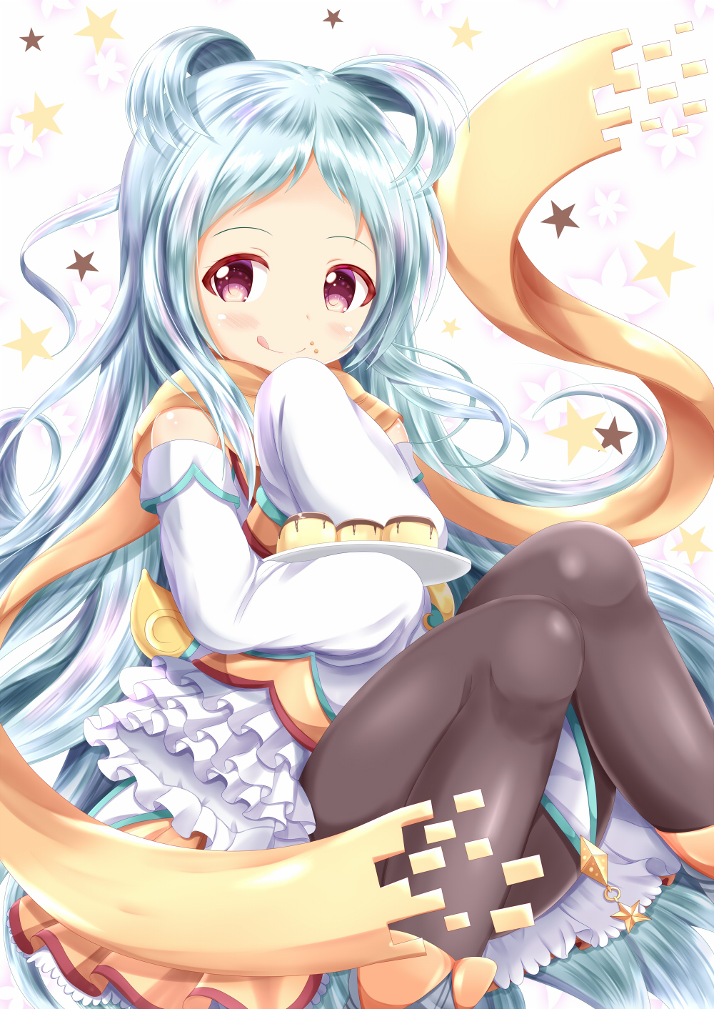 1girl :q bangs blue_hair blush brown_legwear brown_scarf closed_mouth commentary_request dress food food_on_face hand_up highres holding holding_plate izumo_miyako knees_together_feet_apart long_hair long_sleeves pantyhose parted_bangs plate princess_connect! princess_connect!_re:dive pudding red_eyes scarf sitting sleeves_past_fingers sleeves_past_wrists smile solo star tongue tongue_out two_side_up very_long_hair white_background white_dress zenon_(for_achieve)