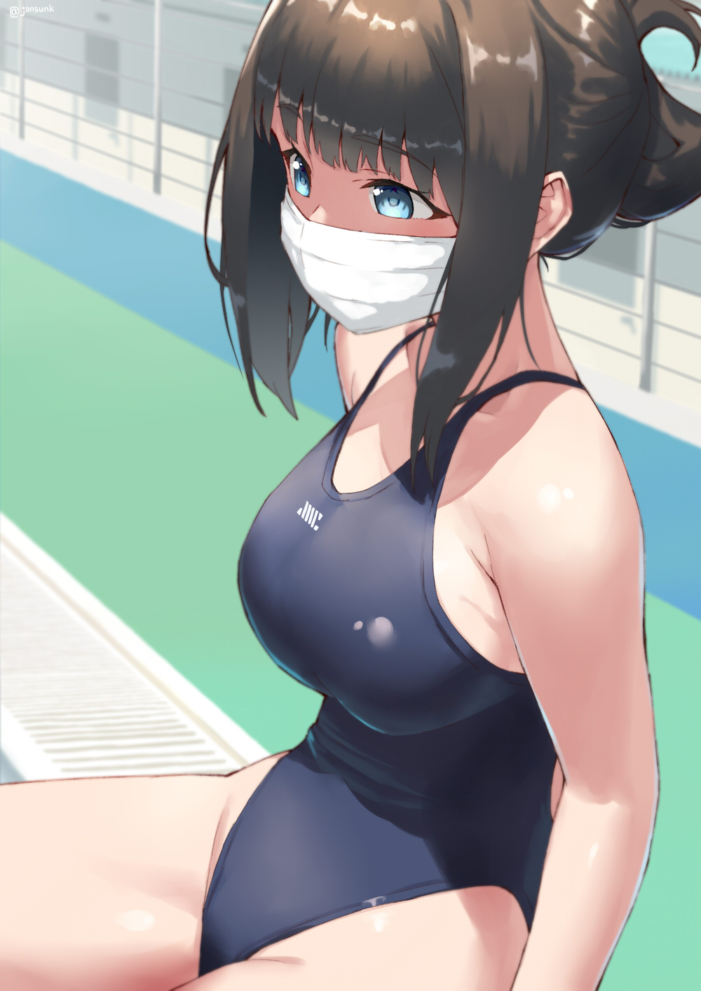 1girl bangs blue_eyes blue_swimsuit breasts brown_hair drain_(object) eyebrows_visible_through_hair face_mask groin hassu highres jonsun looking_afar mask one-piece_swimsuit railing school_swimsuit shiny shiny_clothes shiny_hair sidelocks sitting solo ssss.gridman swimsuit