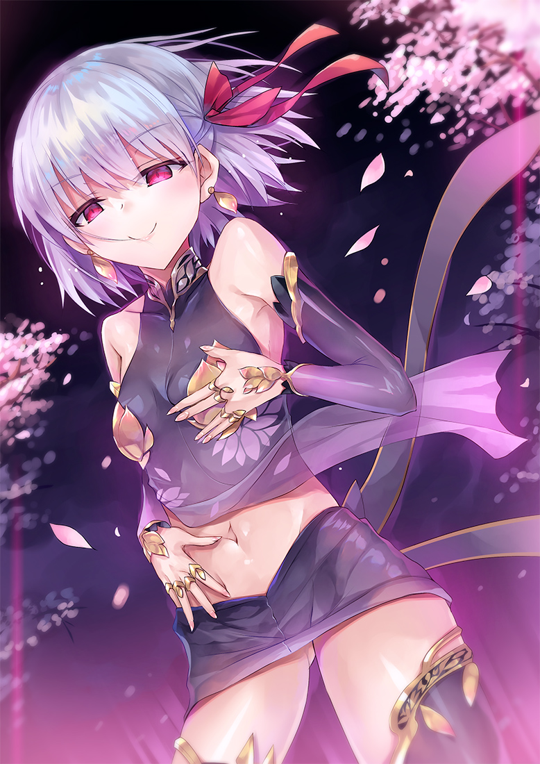 1girl bangs bare_shoulders blush breasts cherry_blossoms closed_mouth collar detached_sleeves dress earrings fate/grand_order fate_(series) floral_print hair_ribbon hand_on_own_chest hinot jewelry kama_(fate/grand_order) long_hair looking_at_viewer metal_collar midriff navel petals purple_dress purple_legwear red_eyes ribbon ring short_hair silver_hair small_breasts smile solo thighs
