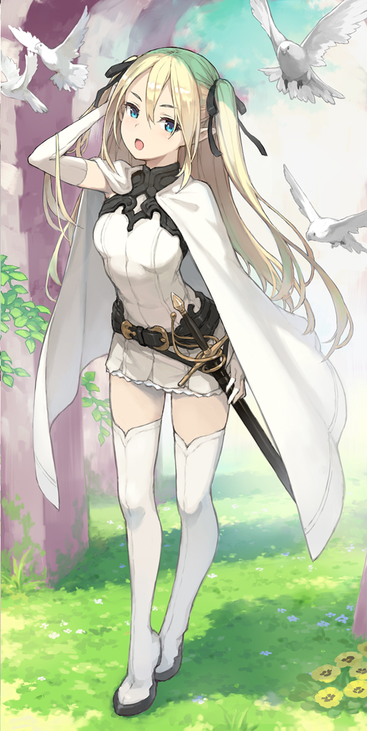 1girl :o arch arm_up belt belt_buckle bird black_ribbon blonde_hair blue_eyes boots breasts buckle cape commentary_request day dove dress elbow_gloves elf flower full_body gloves grass hair_ribbon hand_in_hair light_blush long_hair looking_at_viewer morisawa_haruyuki open_mouth original outdoors pointy_ears ribbon sheath sheathed small_breasts solo standing thigh-highs thigh_boots two_side_up white_cape white_dress white_footwear white_gloves zettai_ryouiki